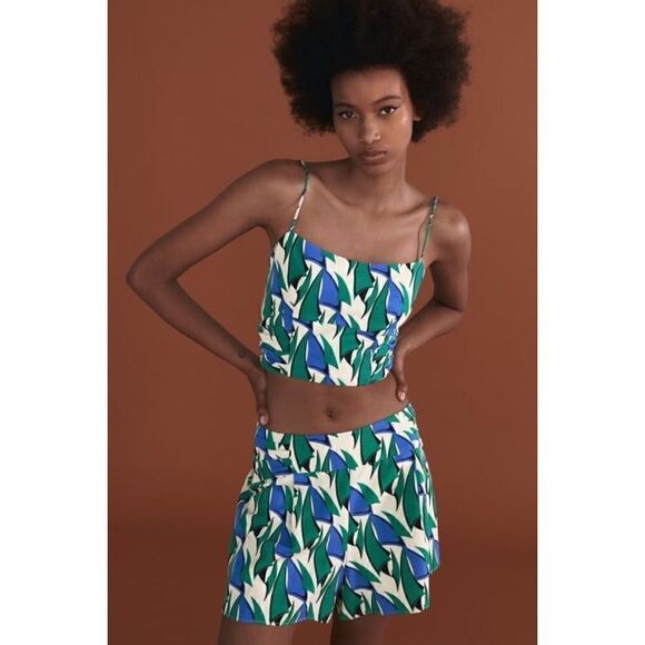 NWT Zara Celeb Style Blogger’s Favorite Printed Linen Blend Crop Top, Size XS - Picture 2 of 14